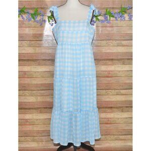 Mud Pie Blue Gingham Sun Dress Ladies L Midi Flowey Tier Skirt Picnic Party